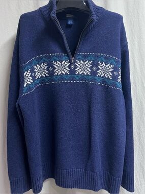 Falls Creek Men's XL Navy 1/4 Zip Sweater With Snowflake Pattern Cotton/Wool